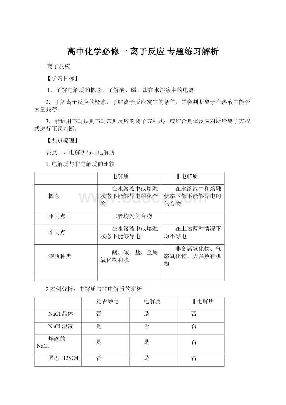 高中化学必修一 离子反应 专题练习解析.docx_第1页