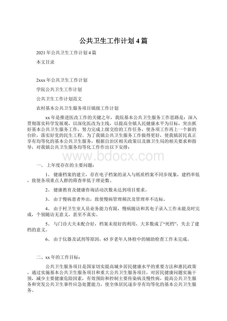 公共卫生工作计划4篇Word文档格式.docx_第1页