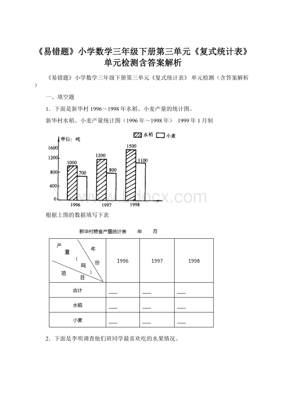 《易错题》小学数学三年级下册第三单元《复式统计表》 单元检测含答案解析.docx_第1页