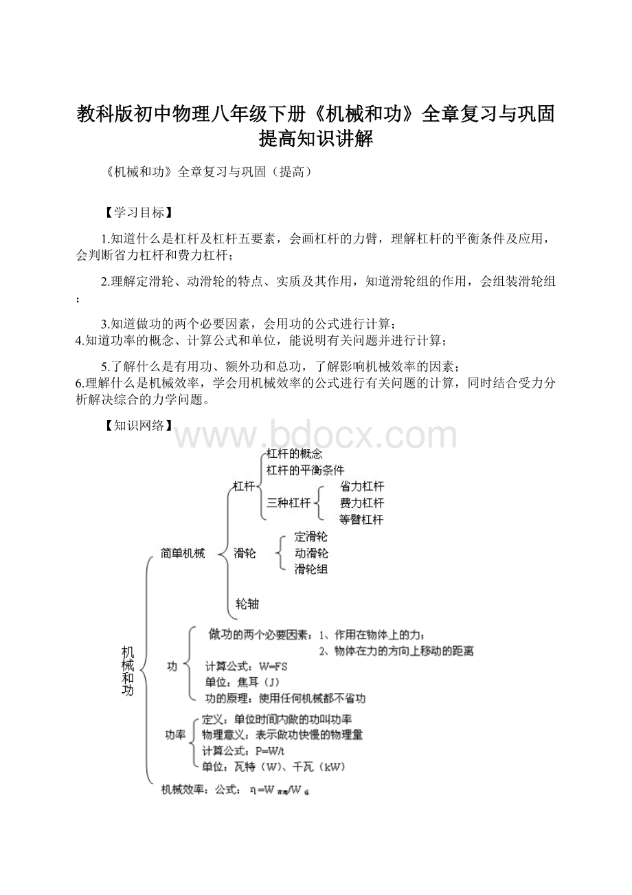 教科版初中物理八年级下册《机械和功》全章复习与巩固提高知识讲解.docx_第1页