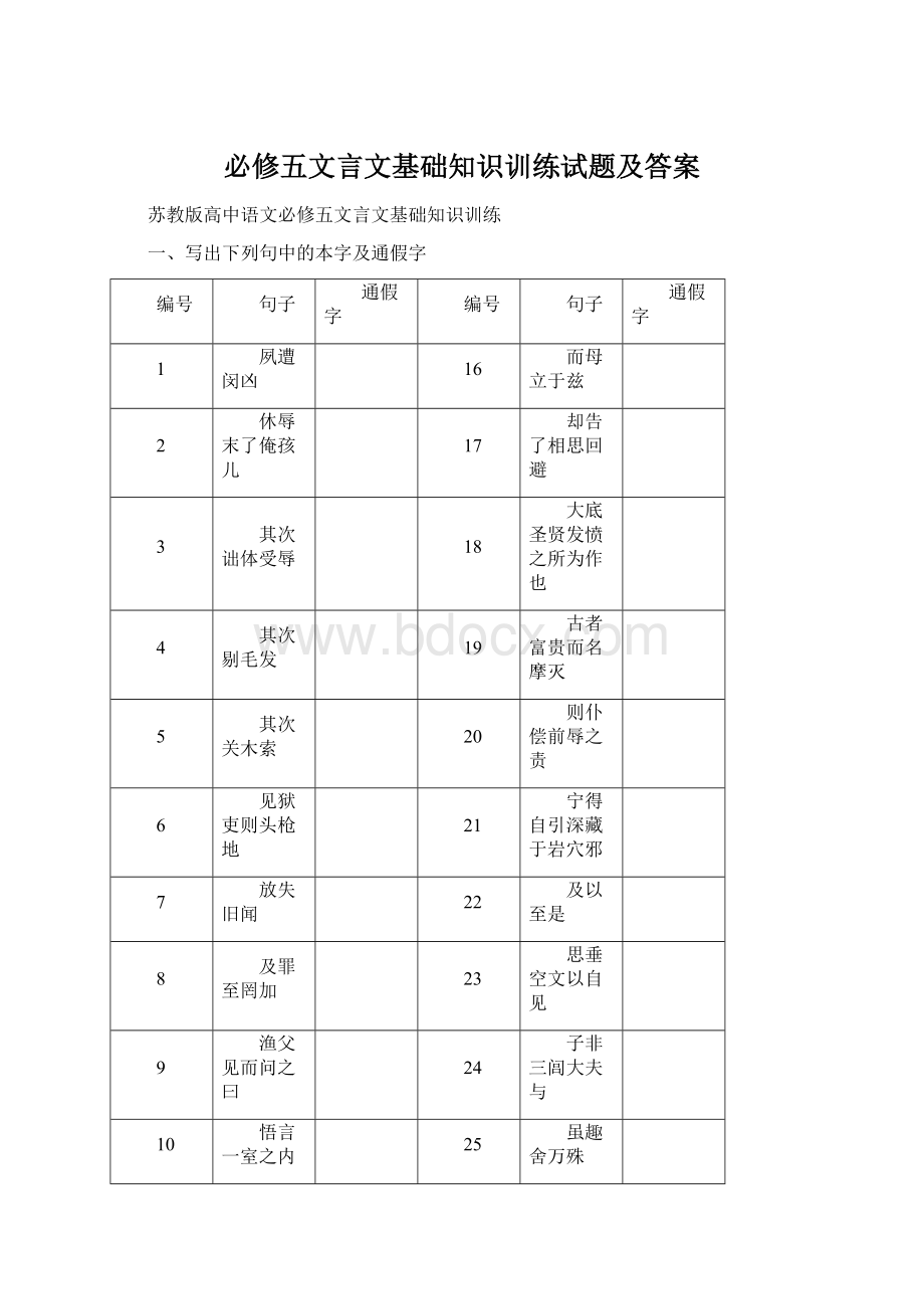 必修五文言文基础知识训练试题及答案.docx