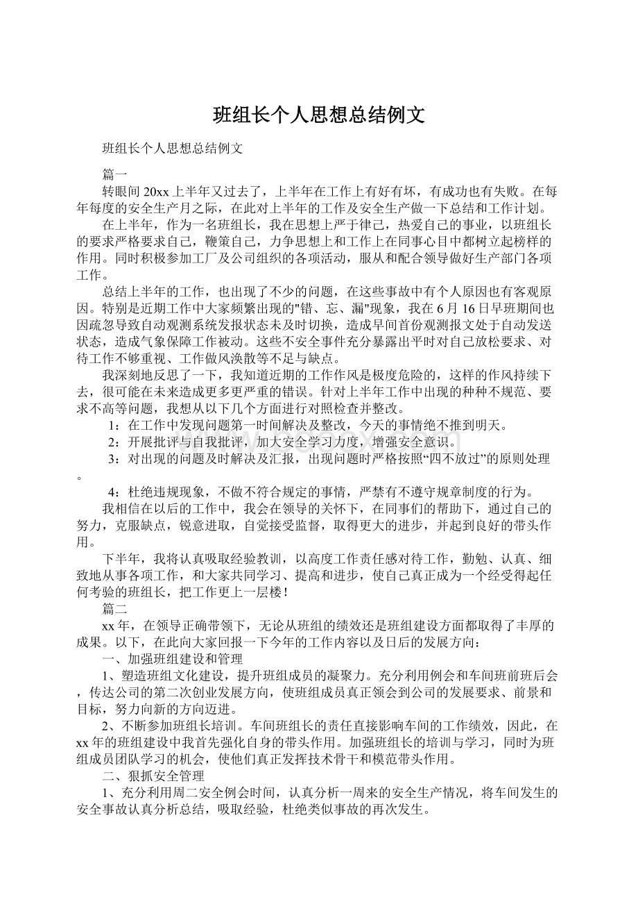 班组长个人思想总结例文Word文档格式.docx