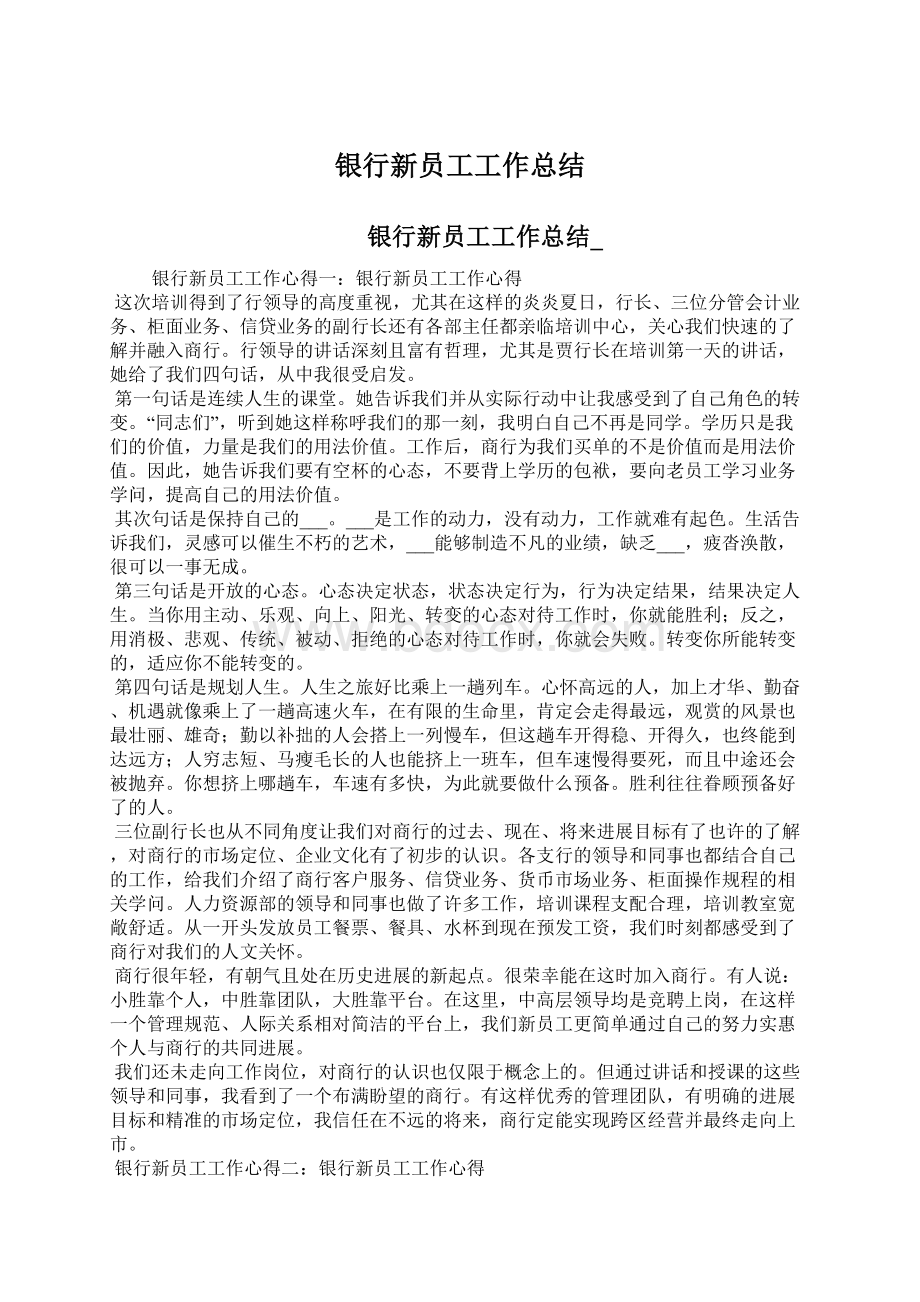 银行新员工工作总结Word文件下载.docx