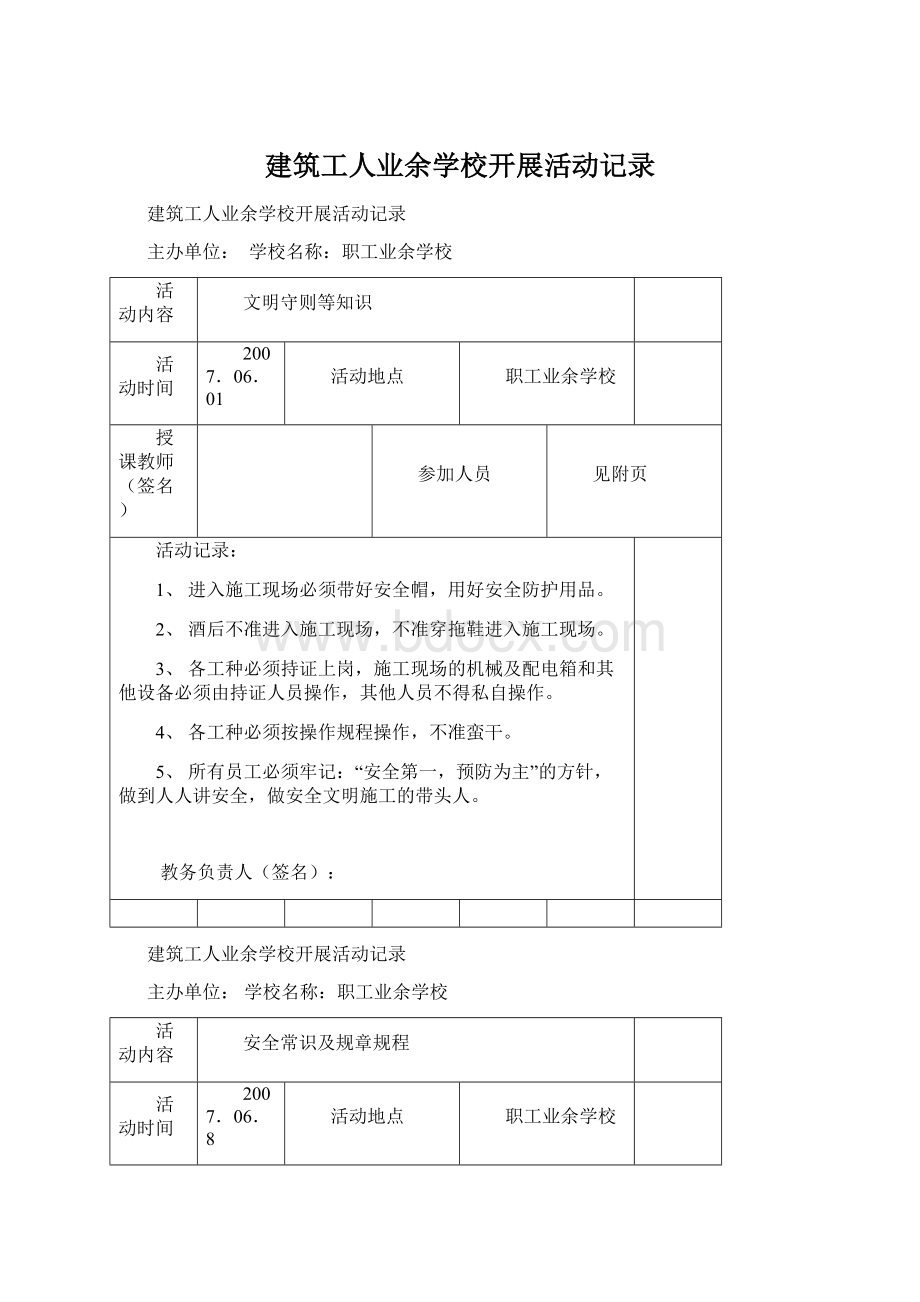 建筑工人业余学校开展活动记录.docx_第1页