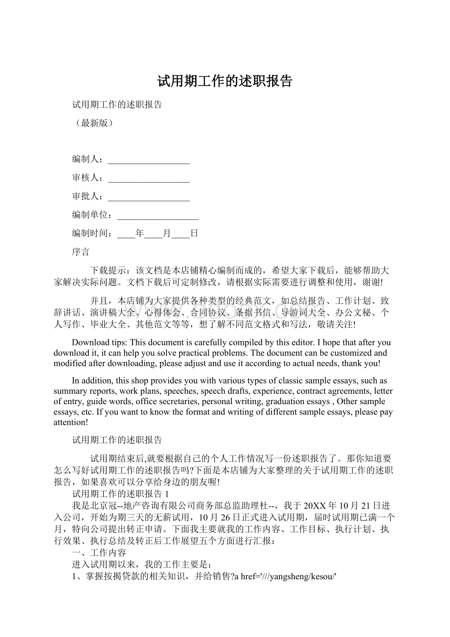 试用期工作的述职报告文档格式.docx_第1页