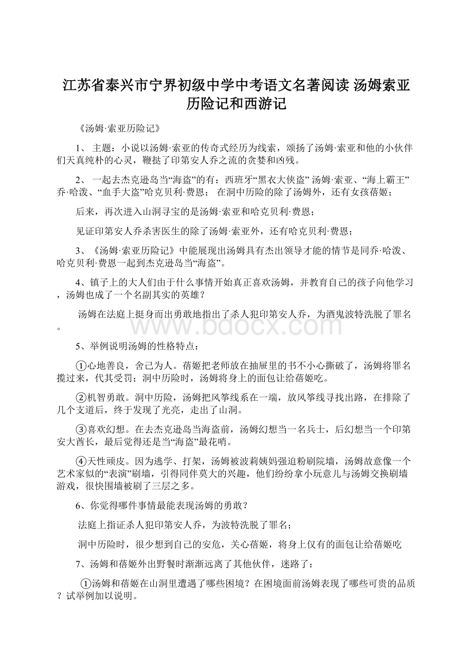 江苏省泰兴市宁界初级中学中考语文名著阅读 汤姆索亚历险记和西游记.docx_第1页