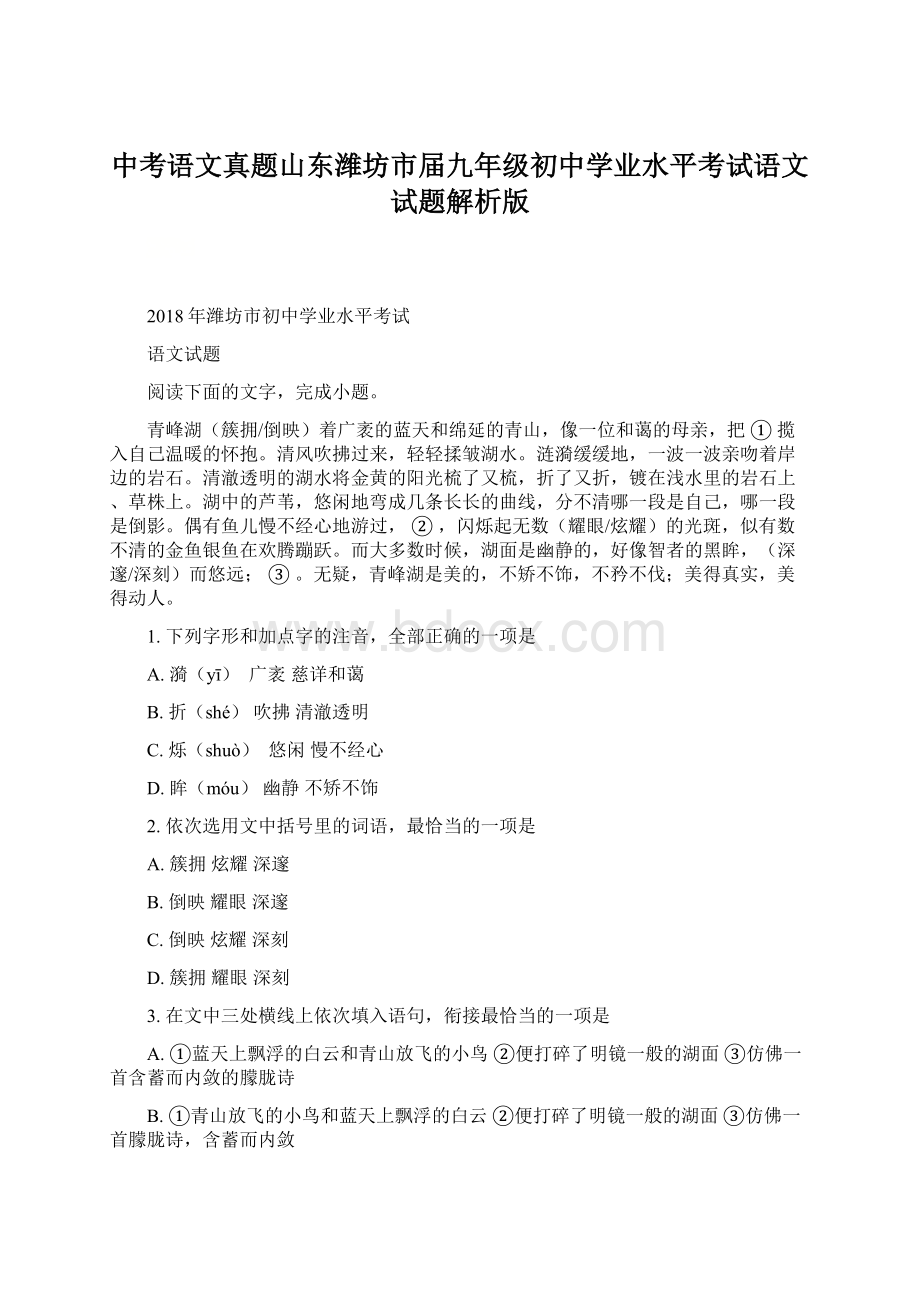 中考语文真题山东潍坊市届九年级初中学业水平考试语文试题解析版Word文档下载推荐.docx_第1页