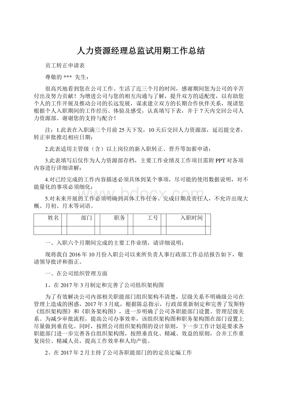 人力资源经理总监试用期工作总结文档格式.docx