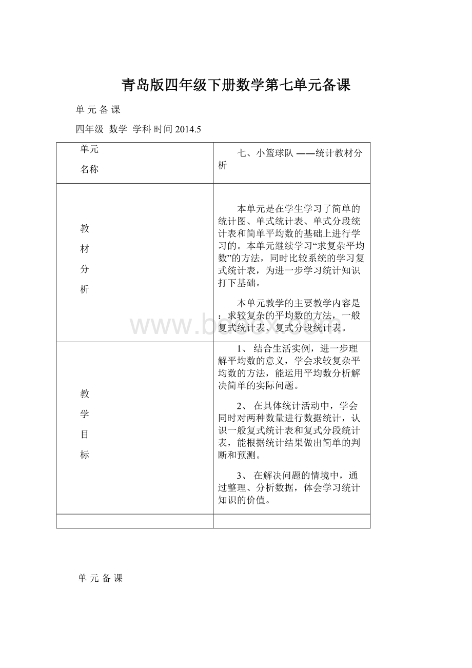 青岛版四年级下册数学第七单元备课Word格式文档下载.docx