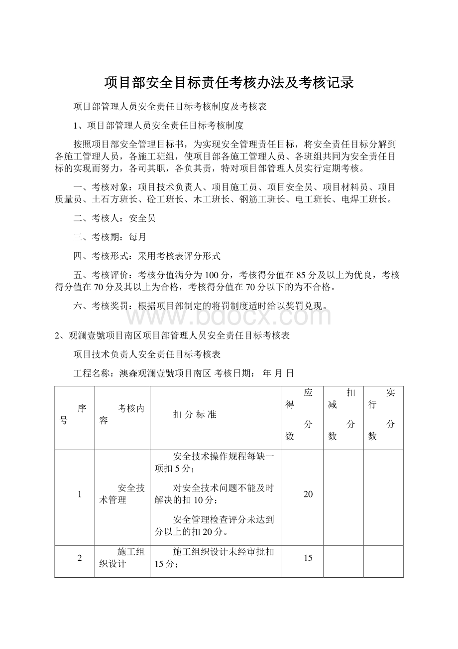 项目部安全目标责任考核办法及考核记录Word文档格式.docx_第1页