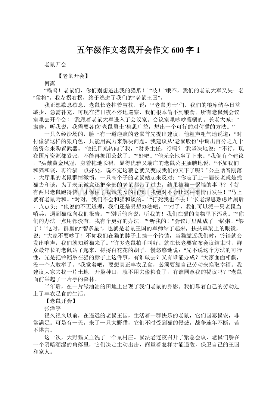 五年级作文老鼠开会作文600字1Word格式文档下载.docx