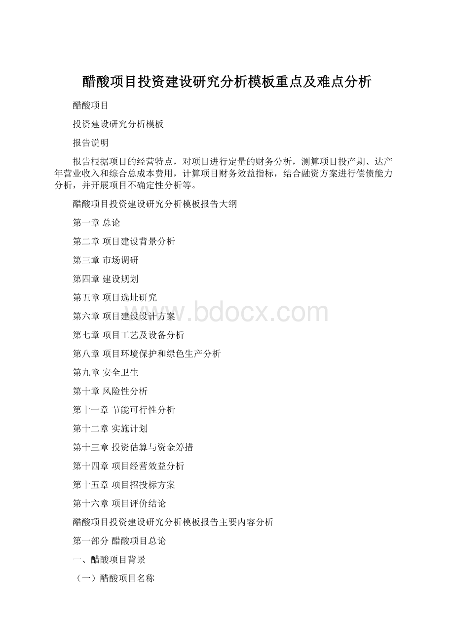 醋酸项目投资建设研究分析模板重点及难点分析.docx