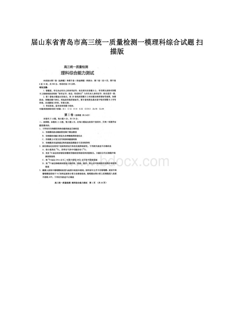 届山东省青岛市高三统一质量检测一模理科综合试题 扫描版文档格式.docx_第1页