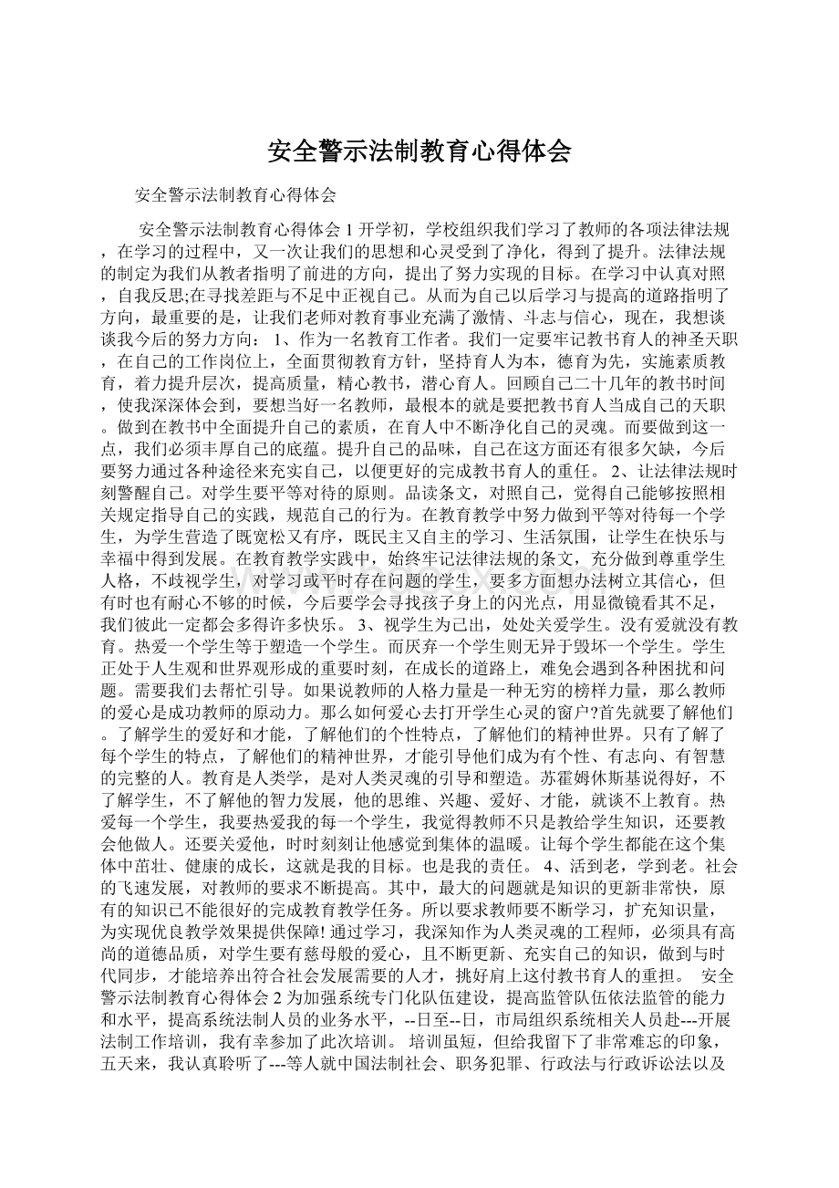 安全警示法制教育心得体会文档格式.docx