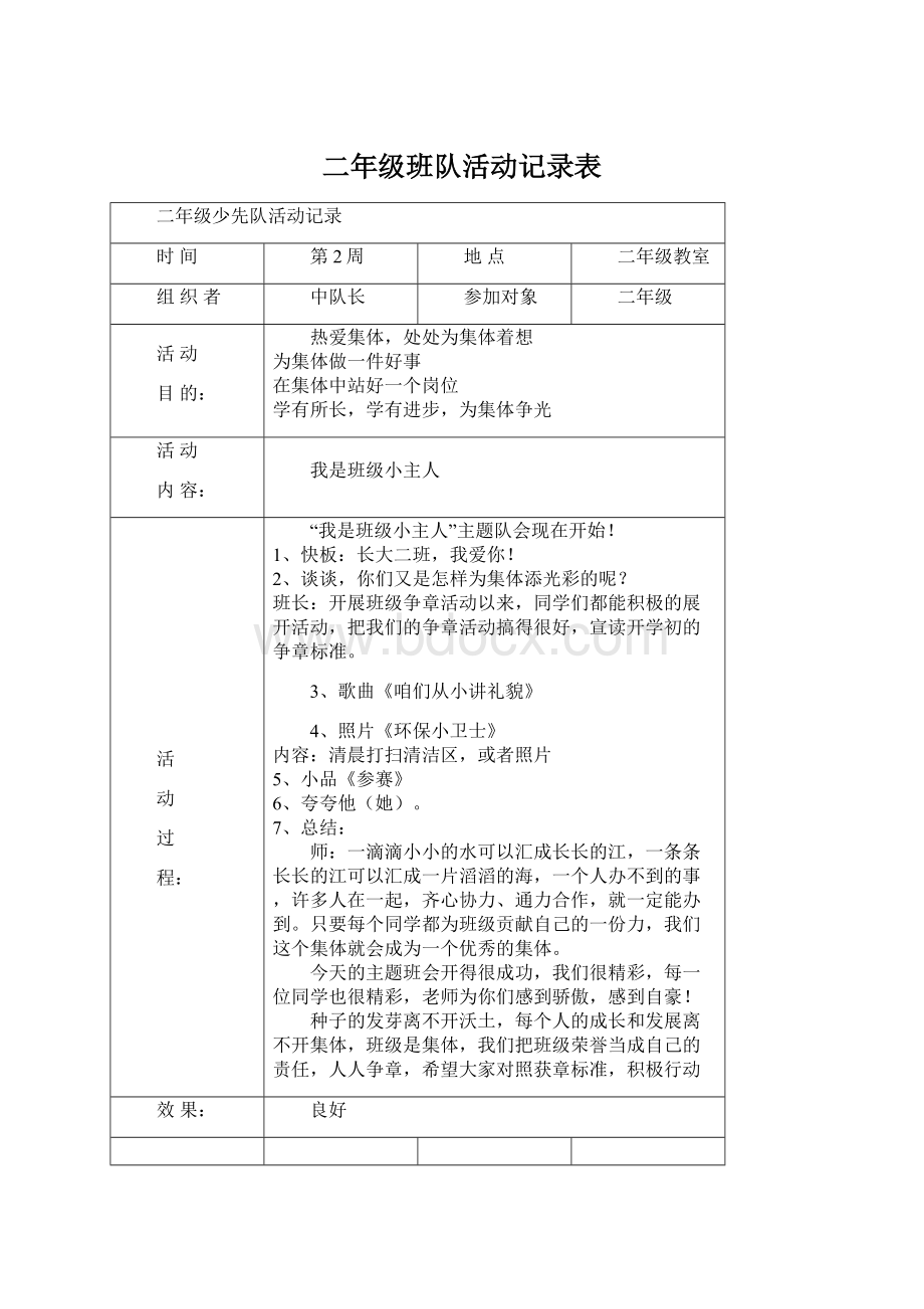 二年级班队活动记录表Word文件下载.docx_第1页