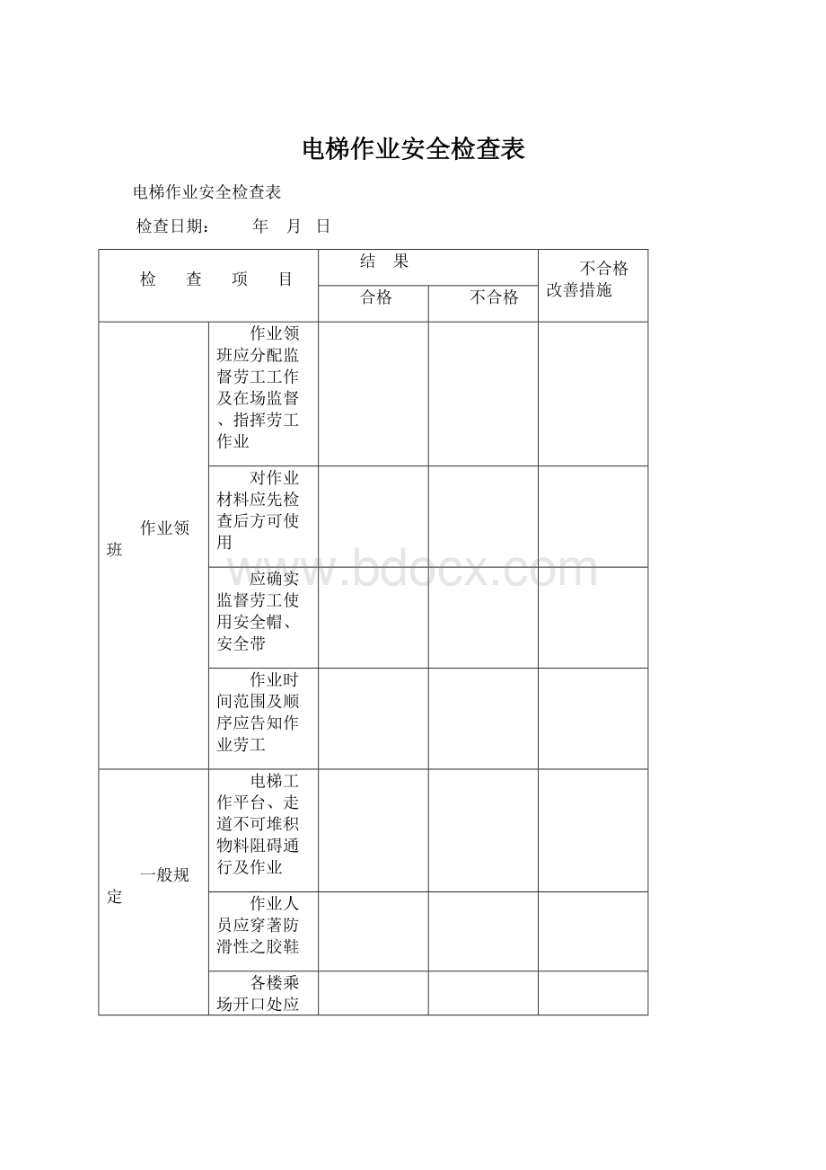 电梯作业安全检查表Word下载.docx