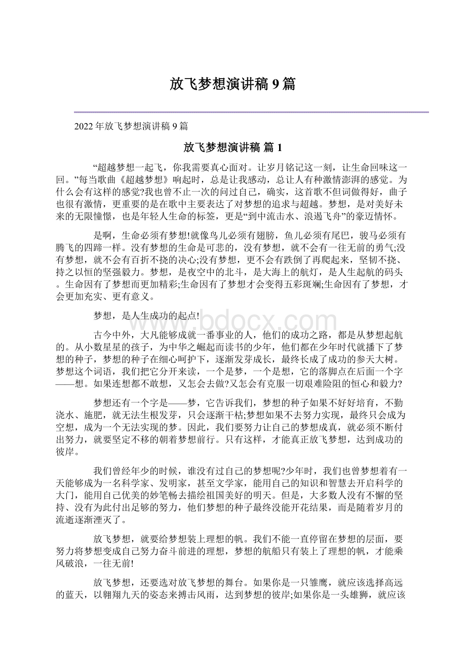 放飞梦想演讲稿9篇Word格式文档下载.docx