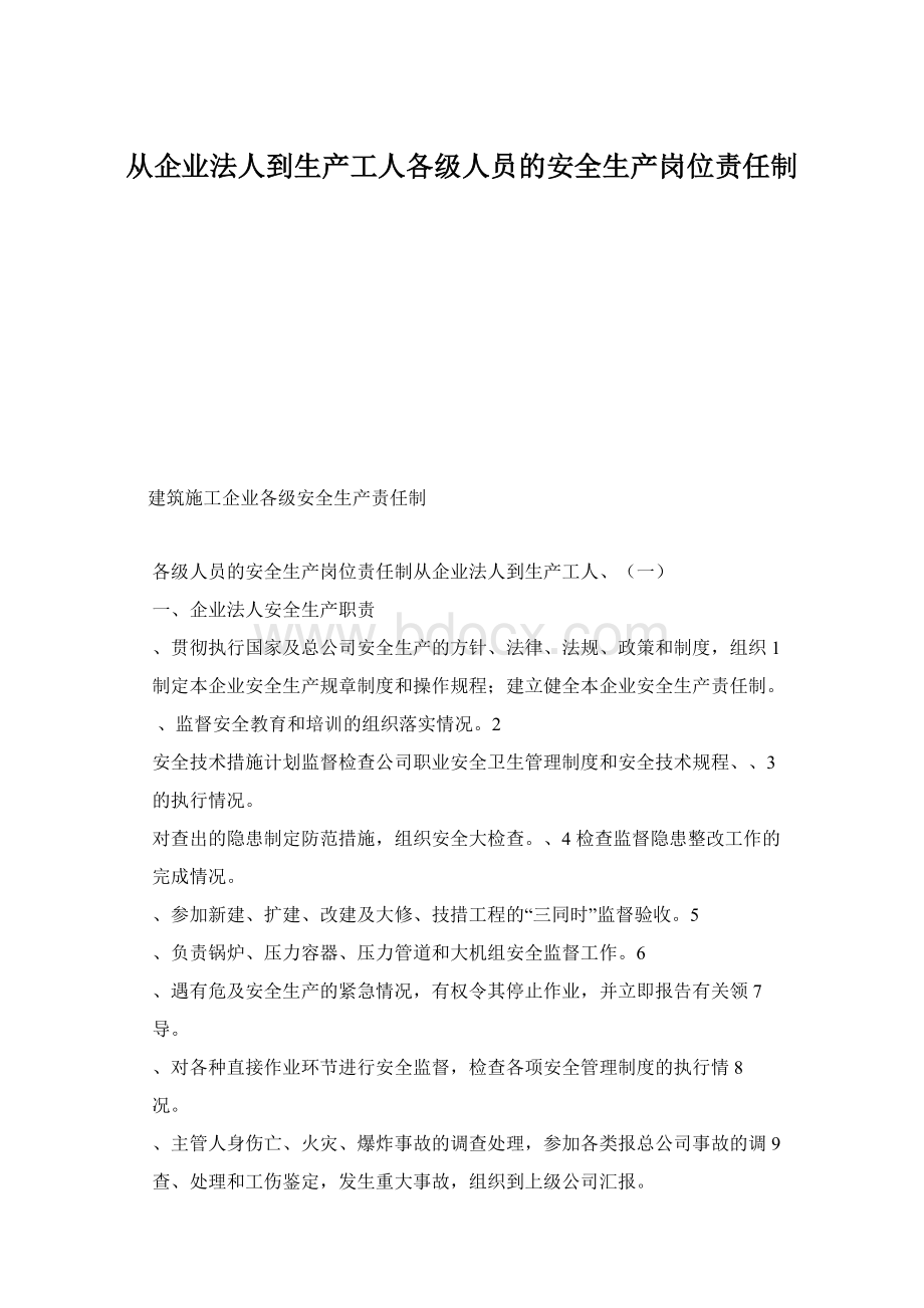 从企业法人到生产工人各级人员的安全生产岗位责任制Word格式文档下载.docx