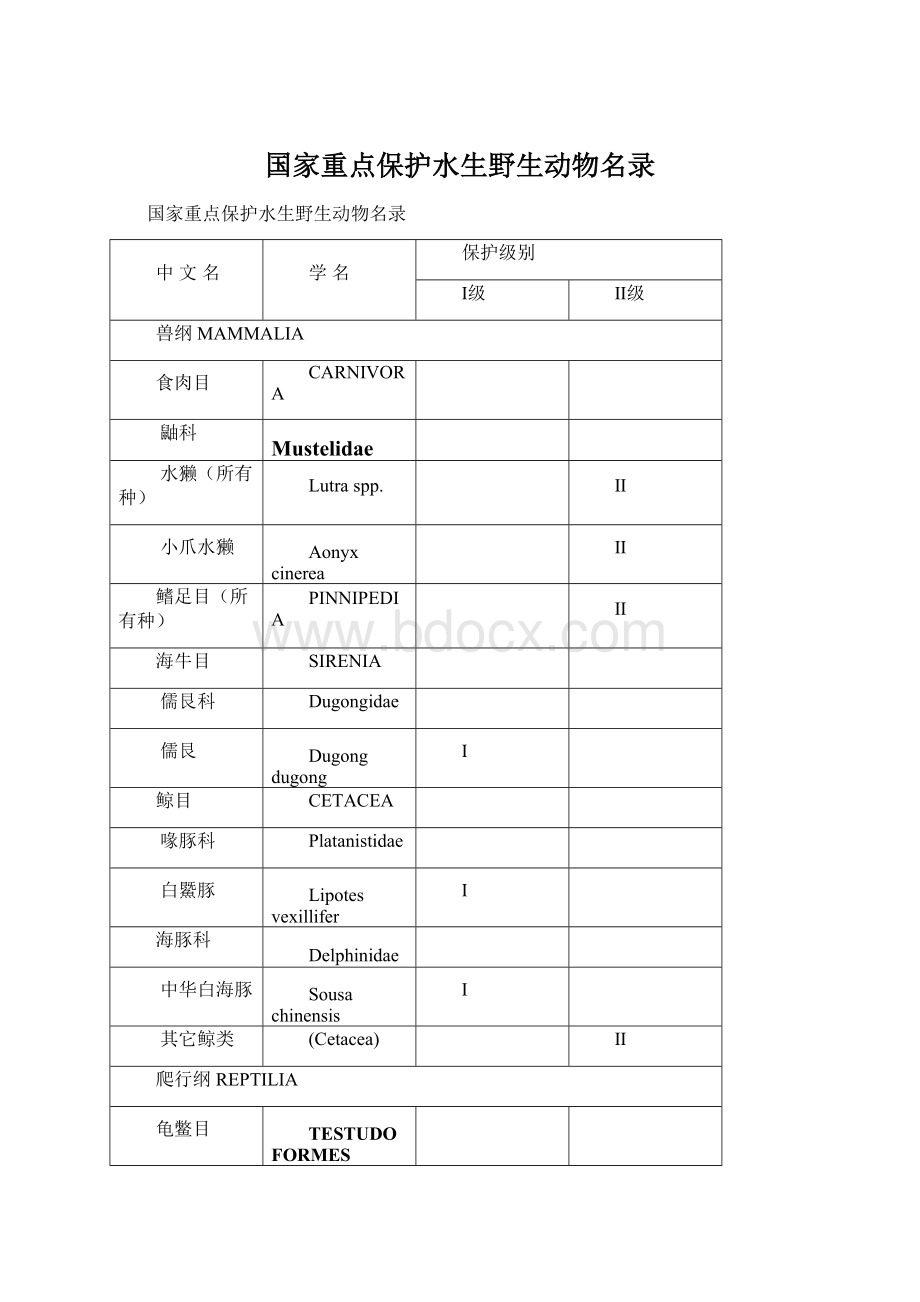 国家重点保护水生野生动物名录Word文档格式.docx