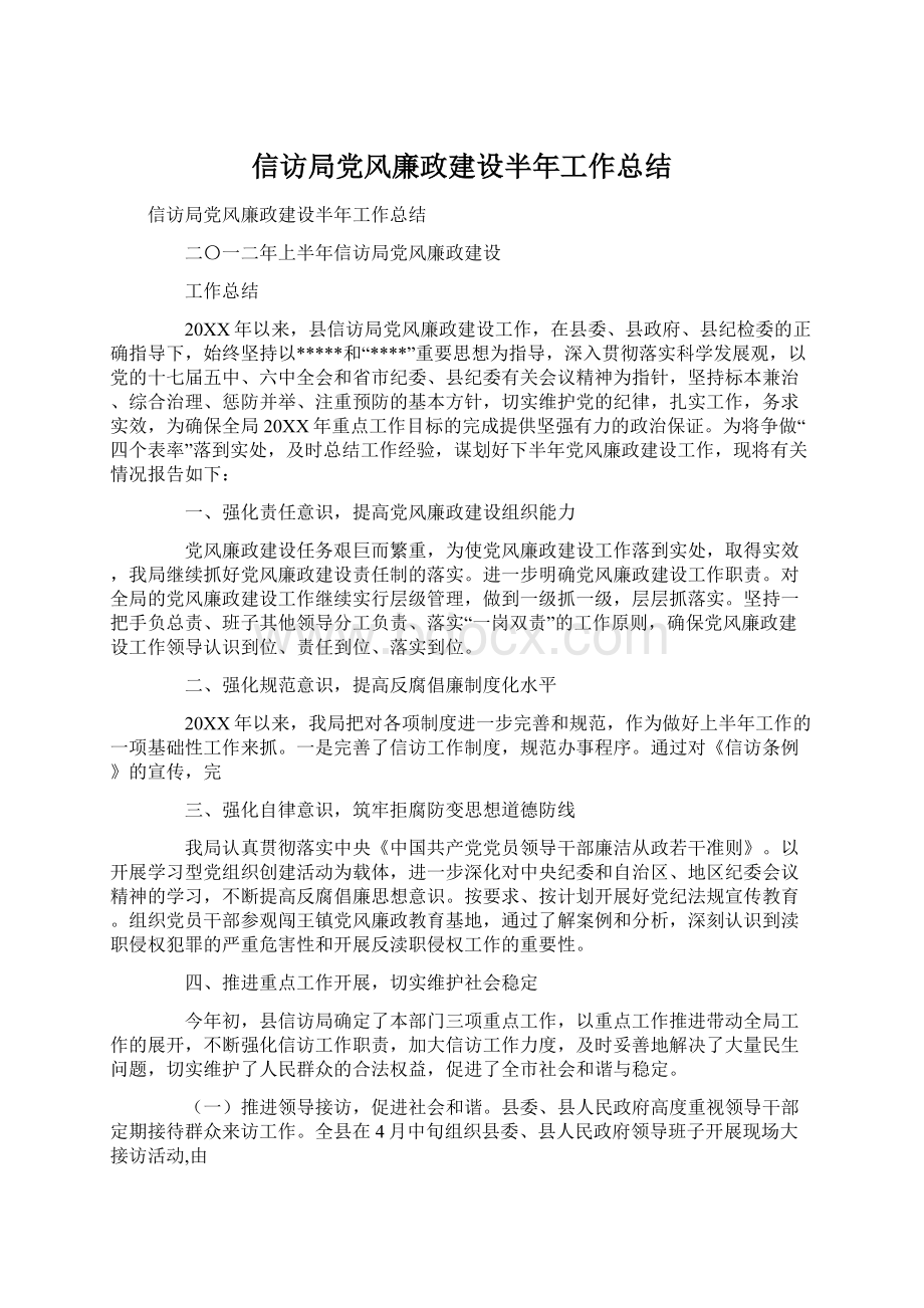 信访局党风廉政建设半年工作总结.docx_第1页