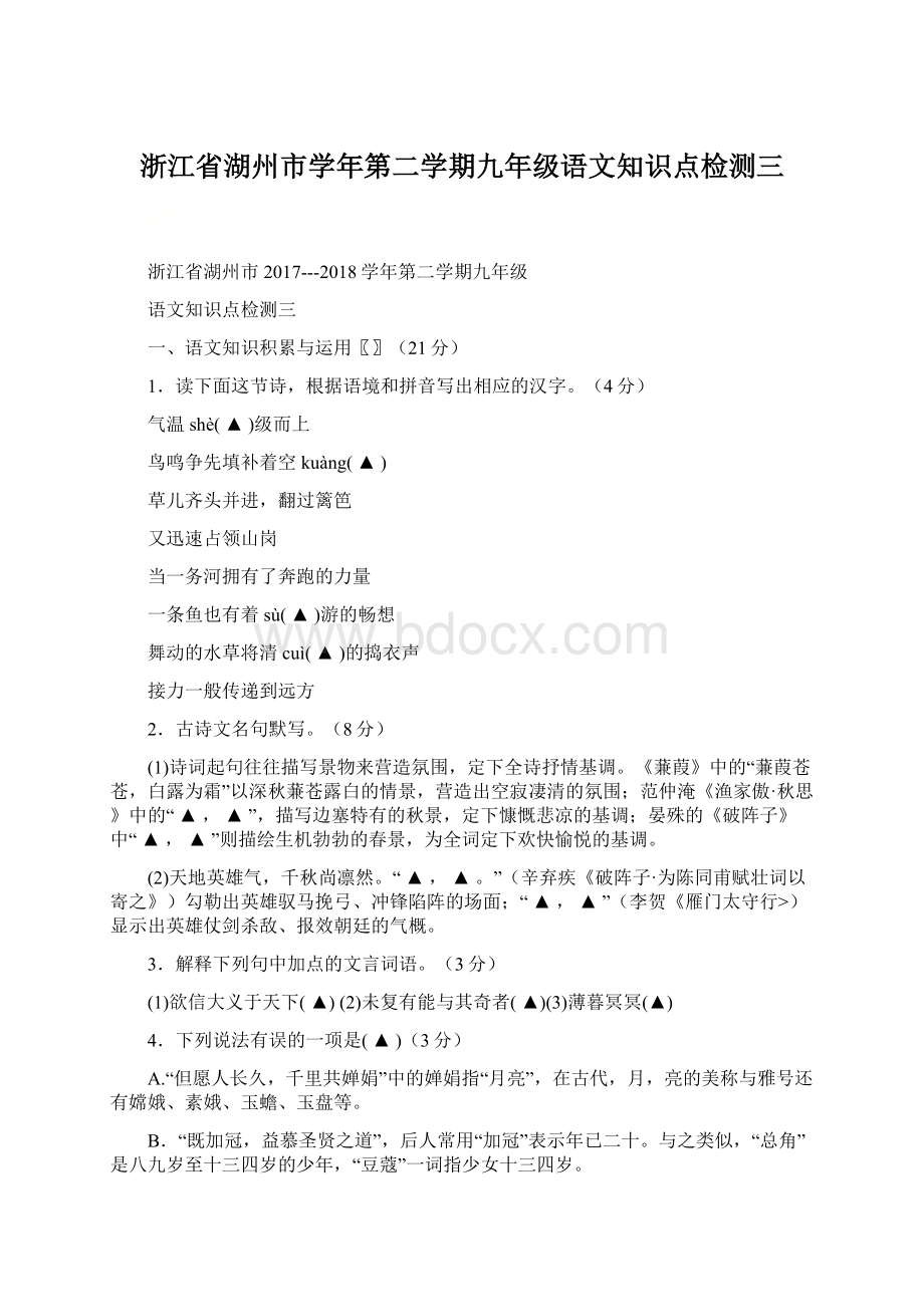 浙江省湖州市学年第二学期九年级语文知识点检测三.docx_第1页