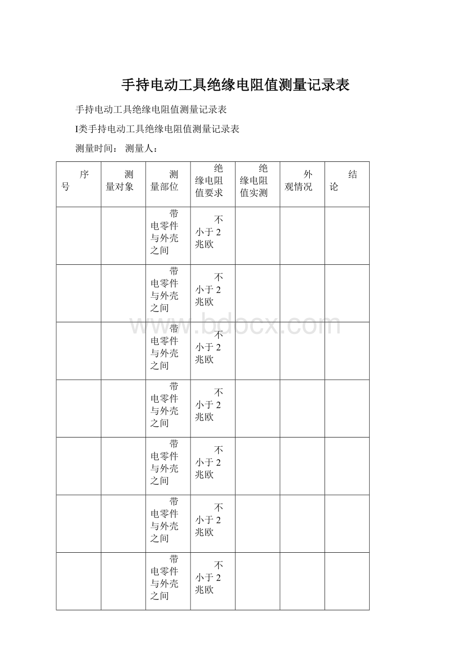 手持电动工具绝缘电阻值测量记录表文档格式.docx_第1页