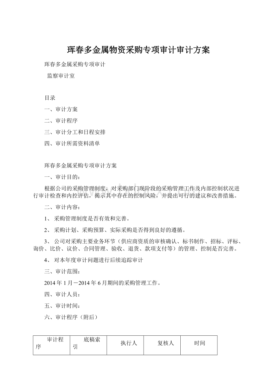 珲春多金属物资采购专项审计审计方案Word格式.docx_第1页