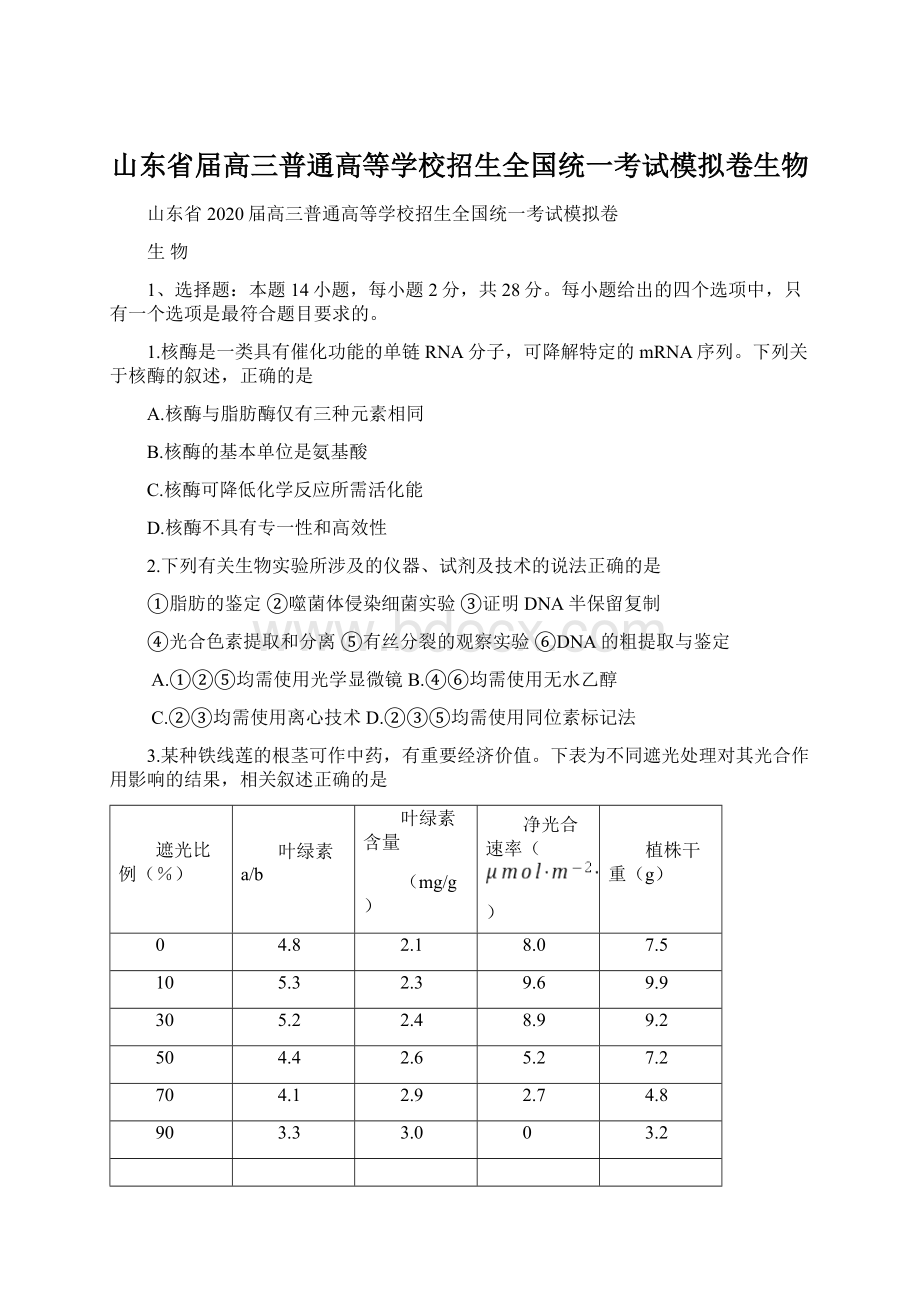 山东省届高三普通高等学校招生全国统一考试模拟卷生物Word格式文档下载.docx