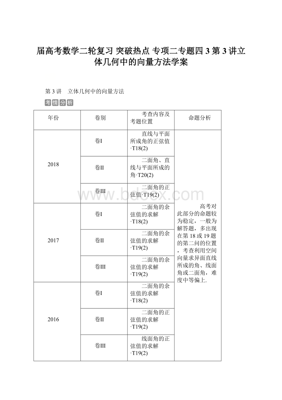 届高考数学二轮复习 突破热点 专项二专题四3第3讲立体几何中的向量方法学案.docx_第1页