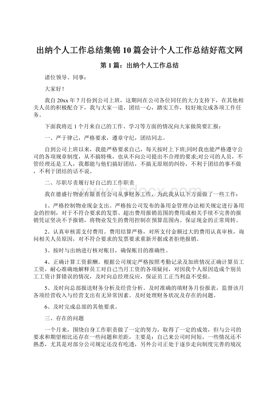 出纳个人工作总结集锦10篇会计个人工作总结好范文网Word文件下载.docx