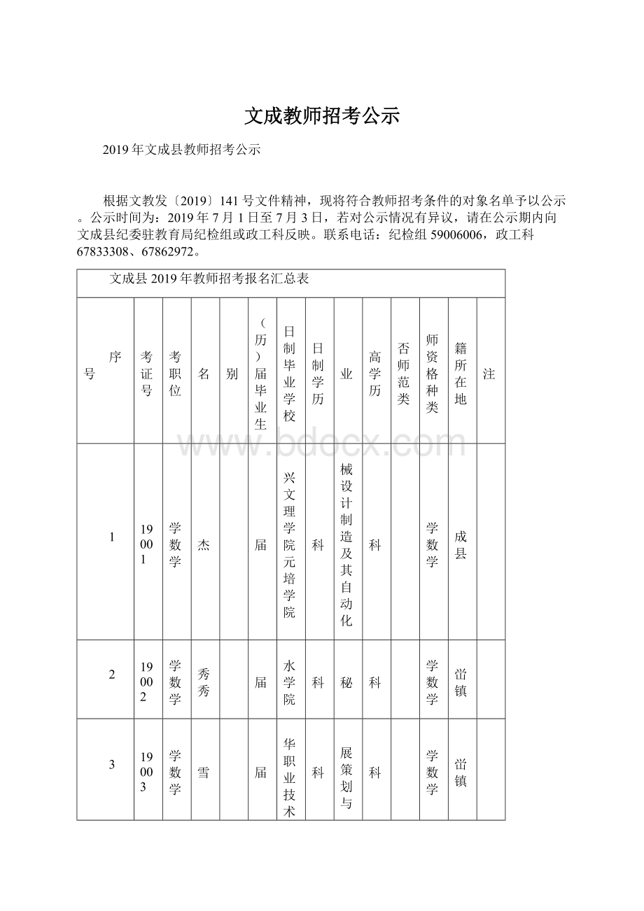 文成教师招考公示.docx