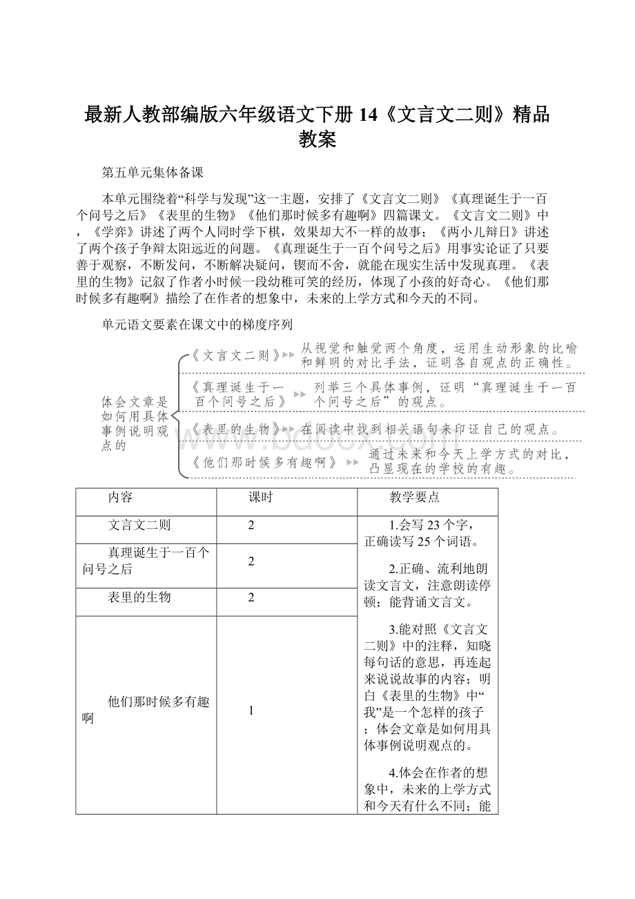 最新人教部编版六年级语文下册14《文言文二则》精品教案.docx