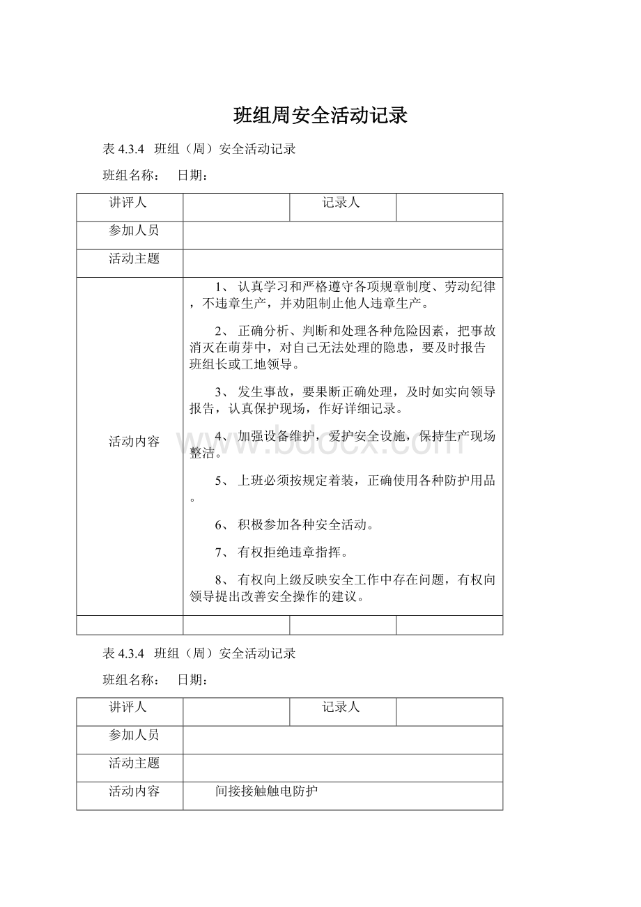 班组周安全活动记录Word下载.docx_第1页