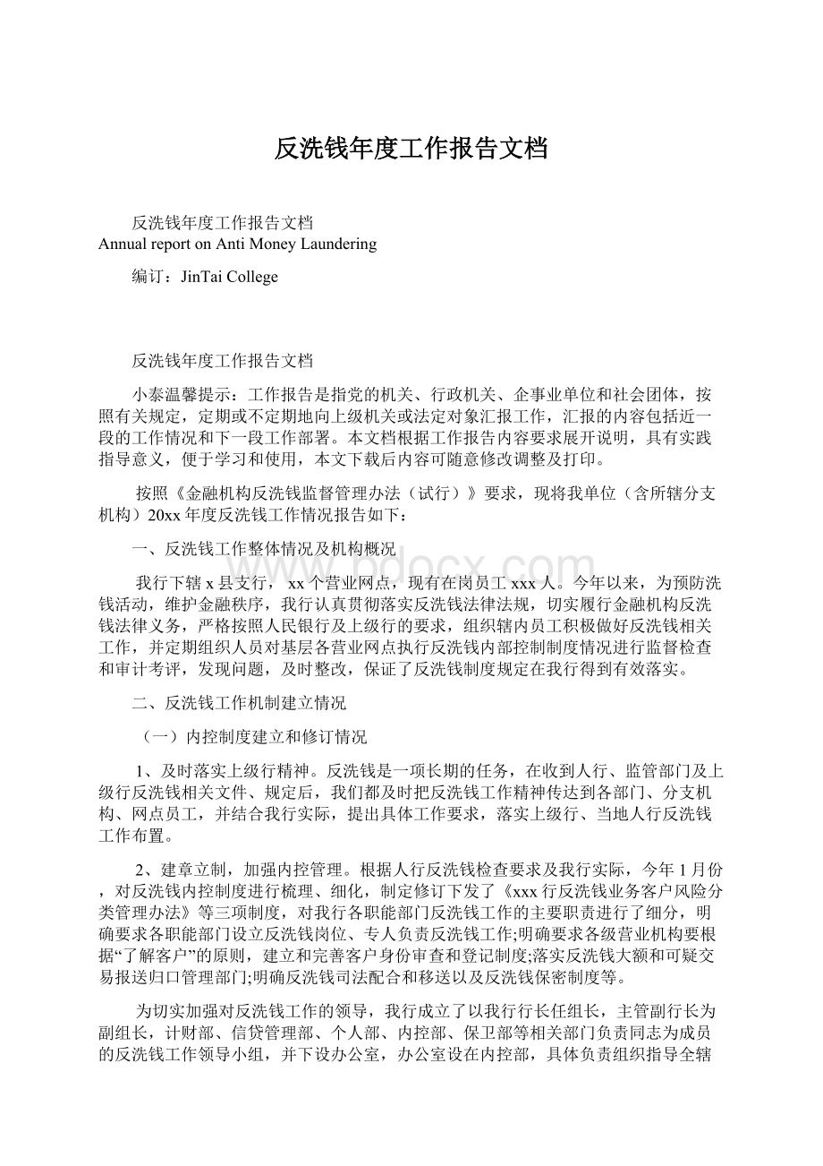 反洗钱年度工作报告文档Word格式文档下载.docx