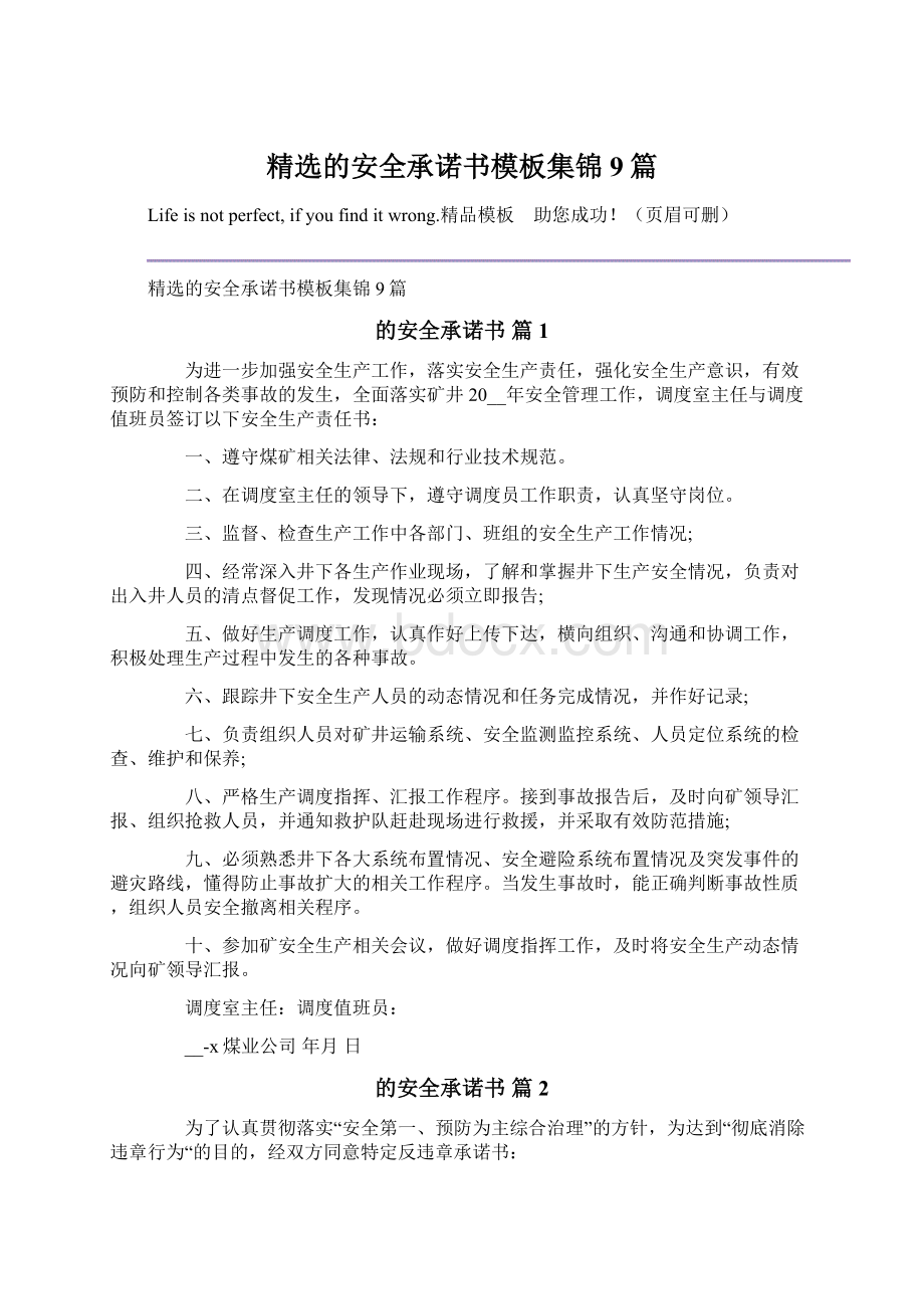 精选的安全承诺书模板集锦9篇Word文档格式.docx