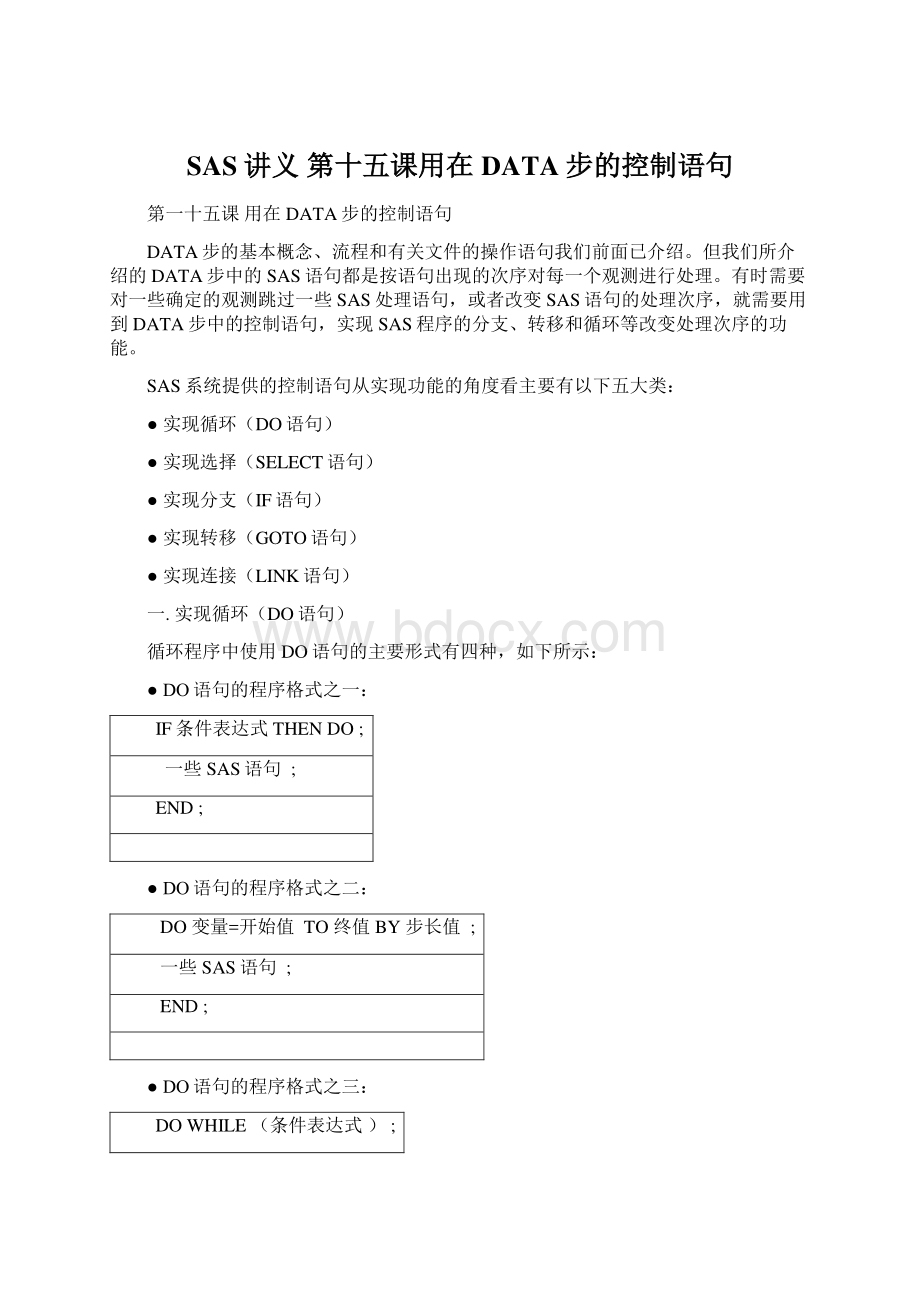 SAS讲义 第十五课用在DATA步的控制语句Word格式.docx_第1页