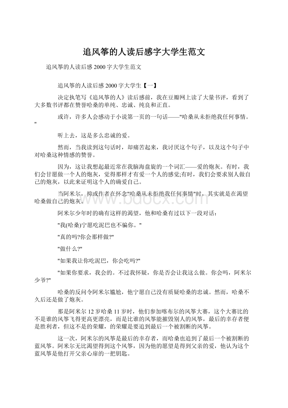 追风筝的人读后感字大学生范文Word文件下载.docx