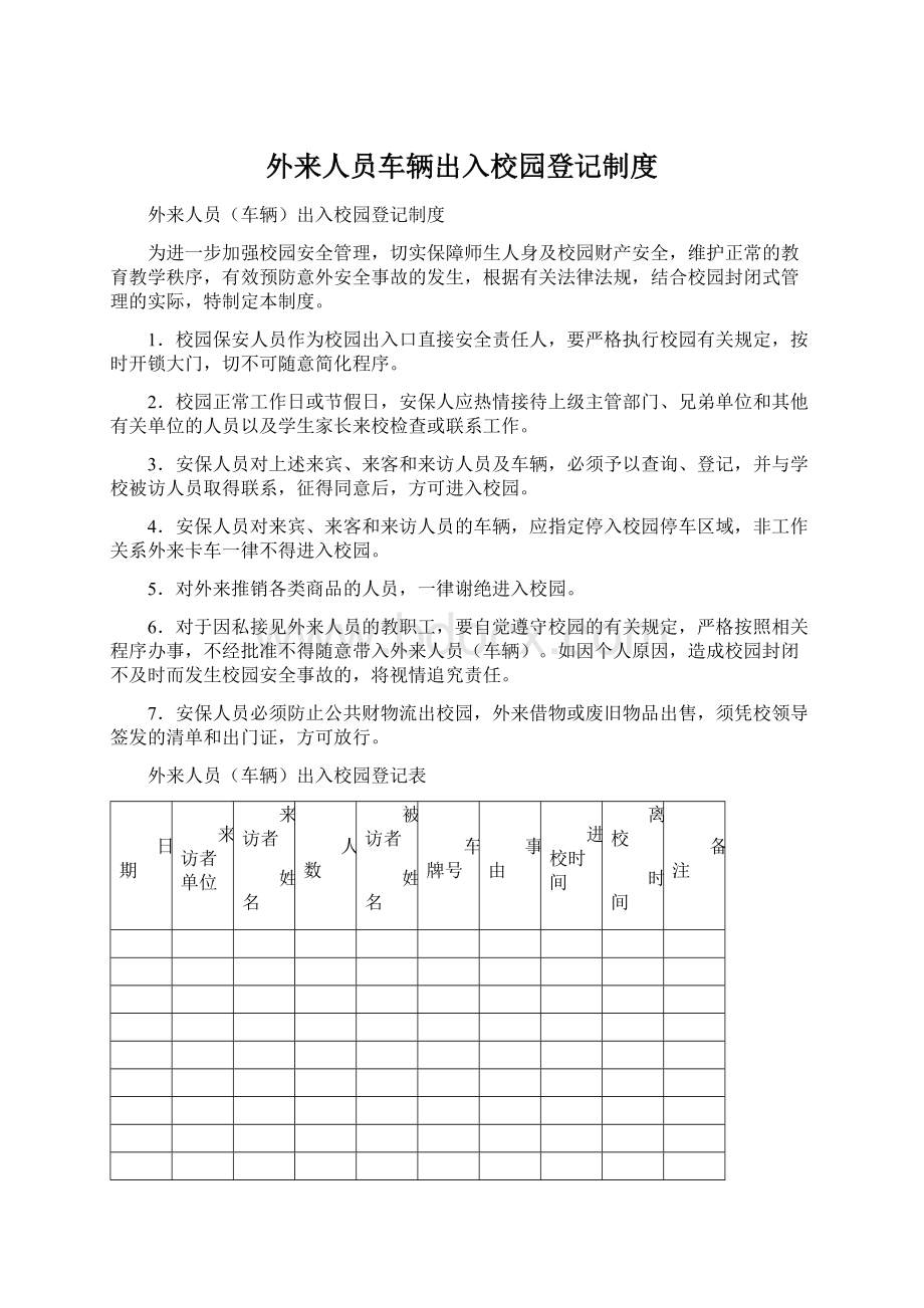 外来人员车辆出入校园登记制度Word文件下载.docx