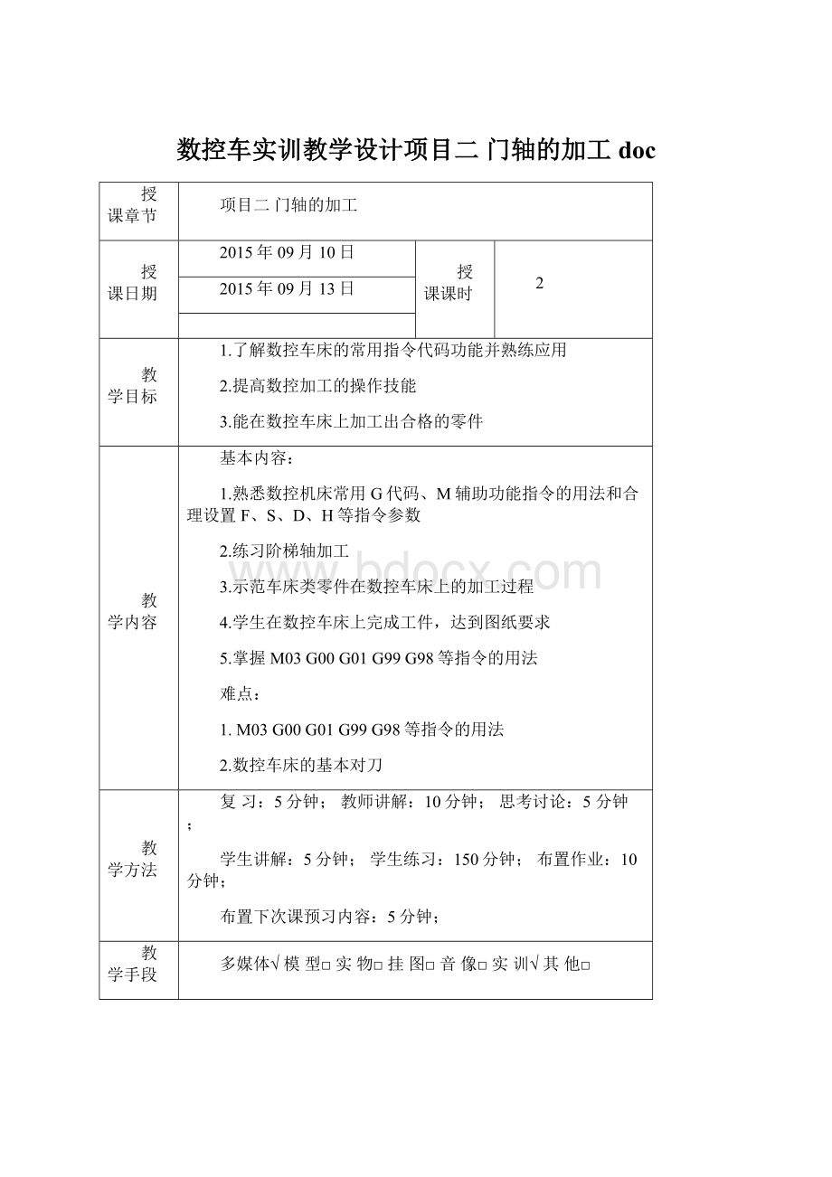 数控车实训教学设计项目二 门轴的加工docWord文件下载.docx