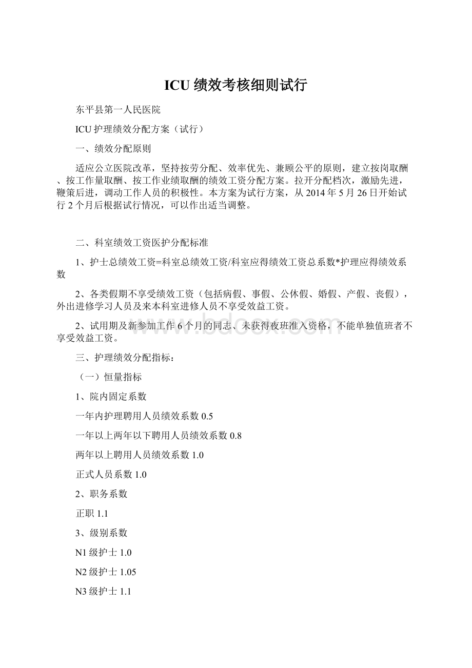 ICU绩效考核细则试行Word文档格式.docx