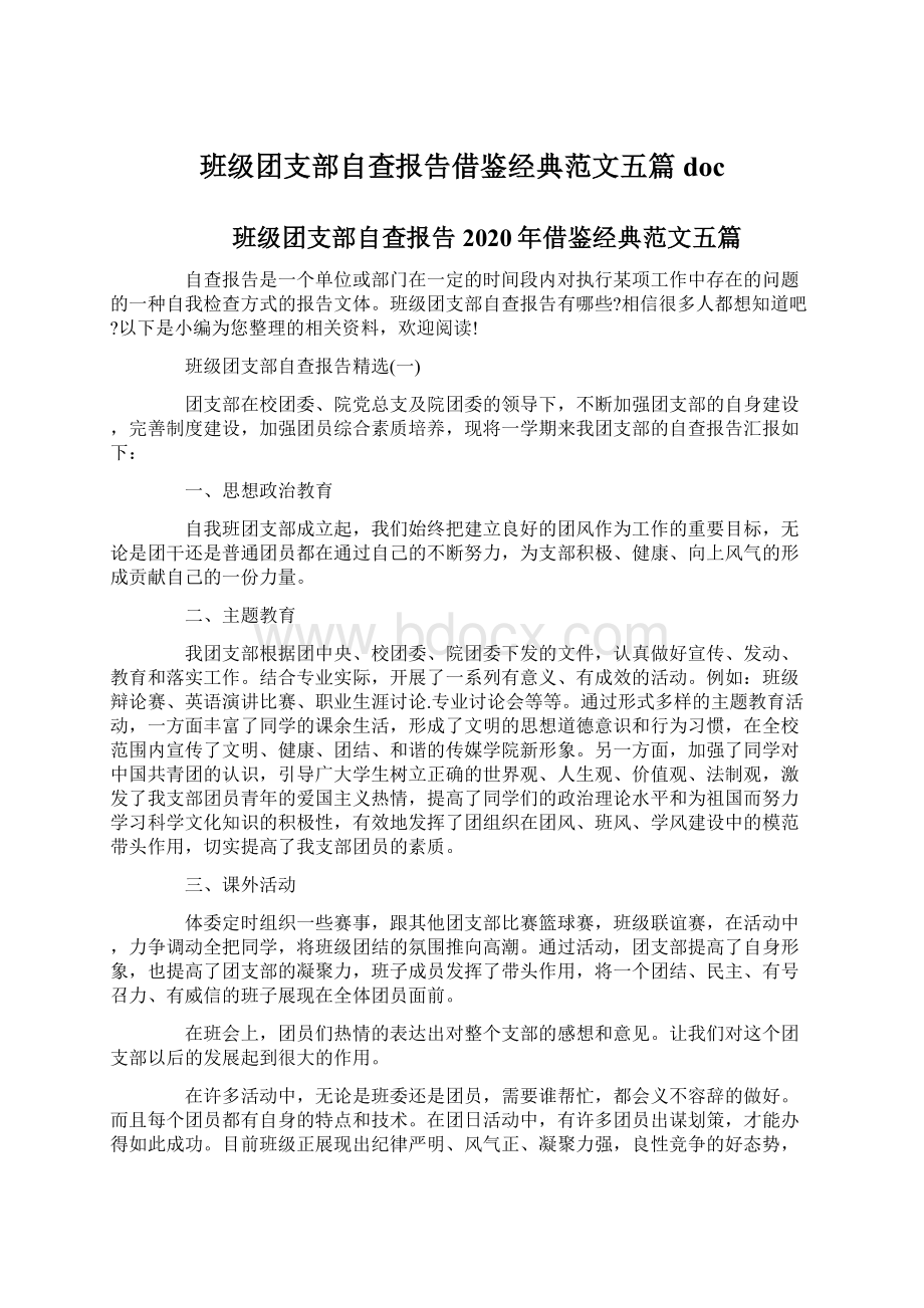 班级团支部自查报告借鉴经典范文五篇docWord格式.docx