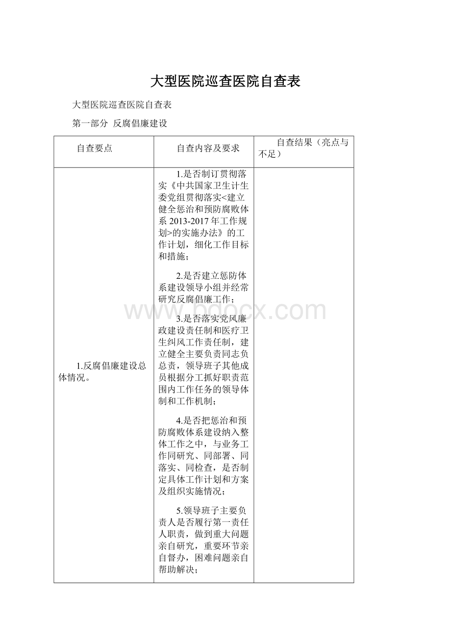 大型医院巡查医院自查表Word格式文档下载.docx