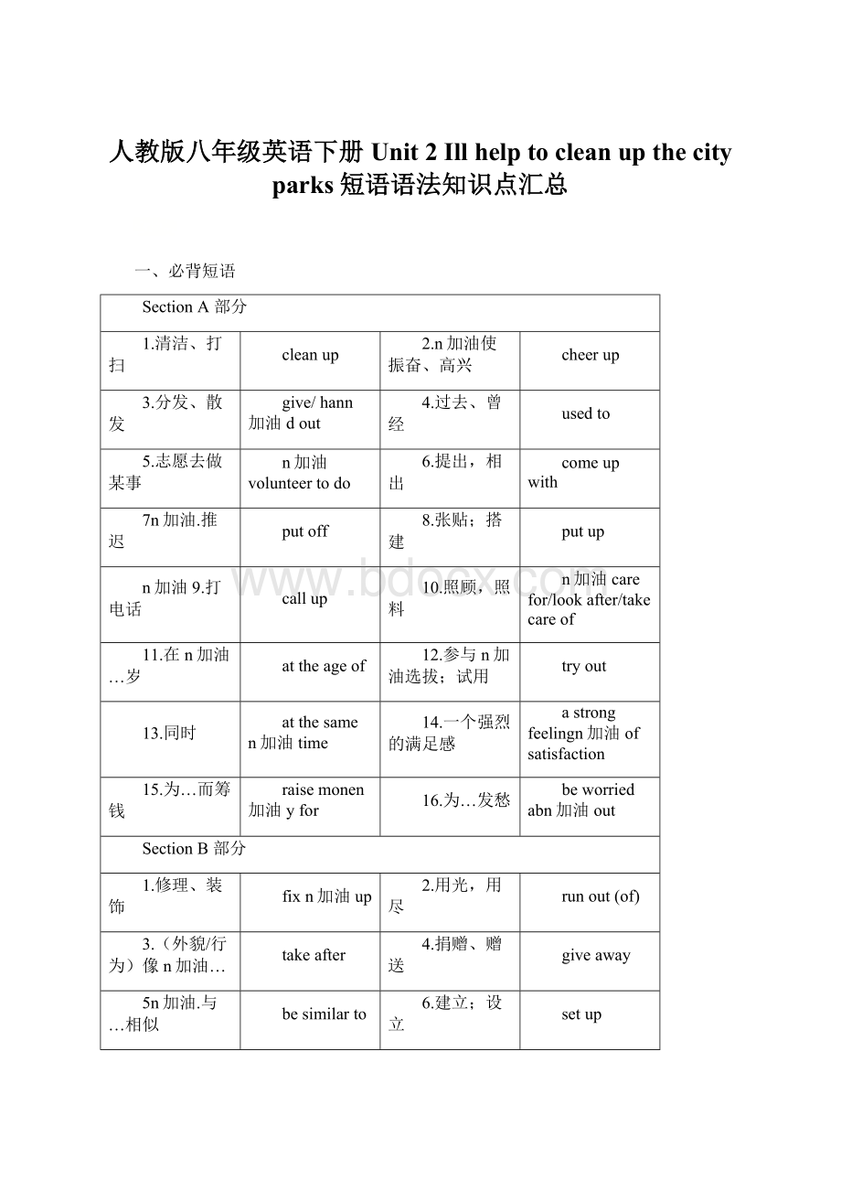 人教版八年级英语下册Unit 2 Ill help to clean up the city parks短语语法知识点汇总.docx_第1页