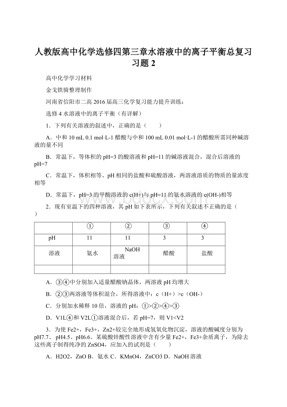 人教版高中化学选修四第三章水溶液中的离子平衡总复习习题2.docx_第1页