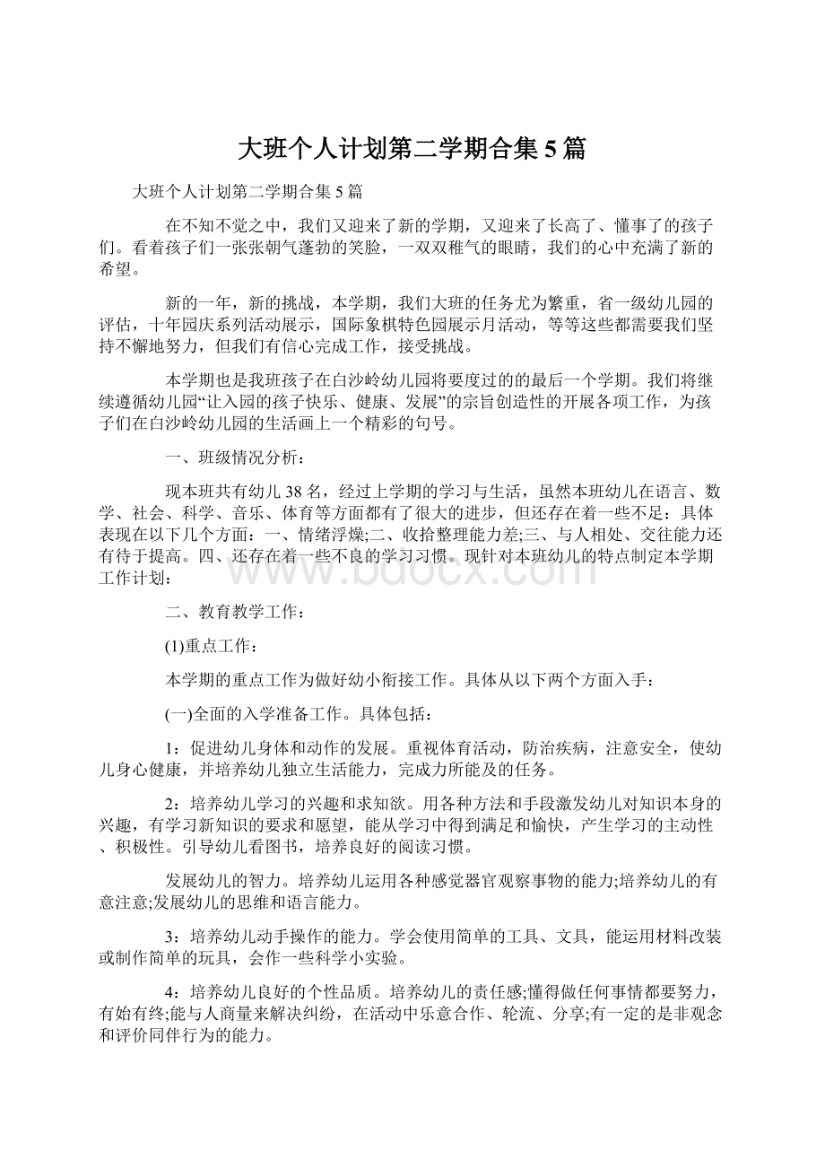 大班个人计划第二学期合集5篇Word格式文档下载.docx