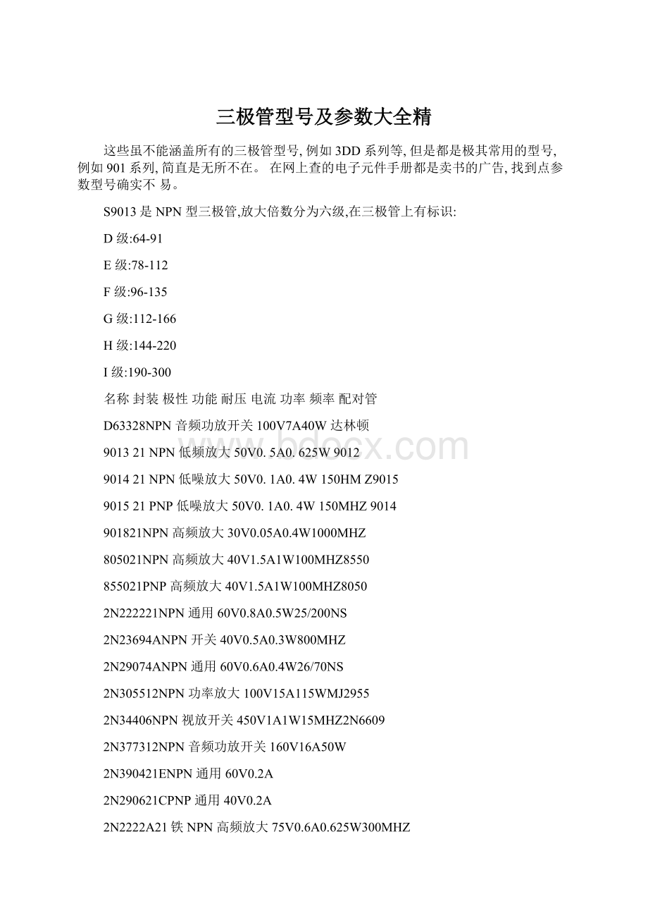 三极管型号及参数大全精Word文档格式.docx_第1页