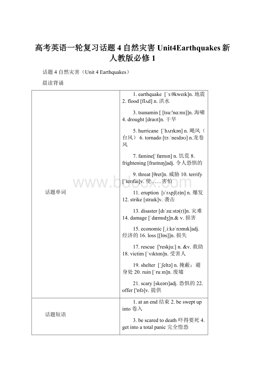 高考英语一轮复习话题4自然灾害Unit4Earthquakes新人教版必修1Word格式文档下载.docx