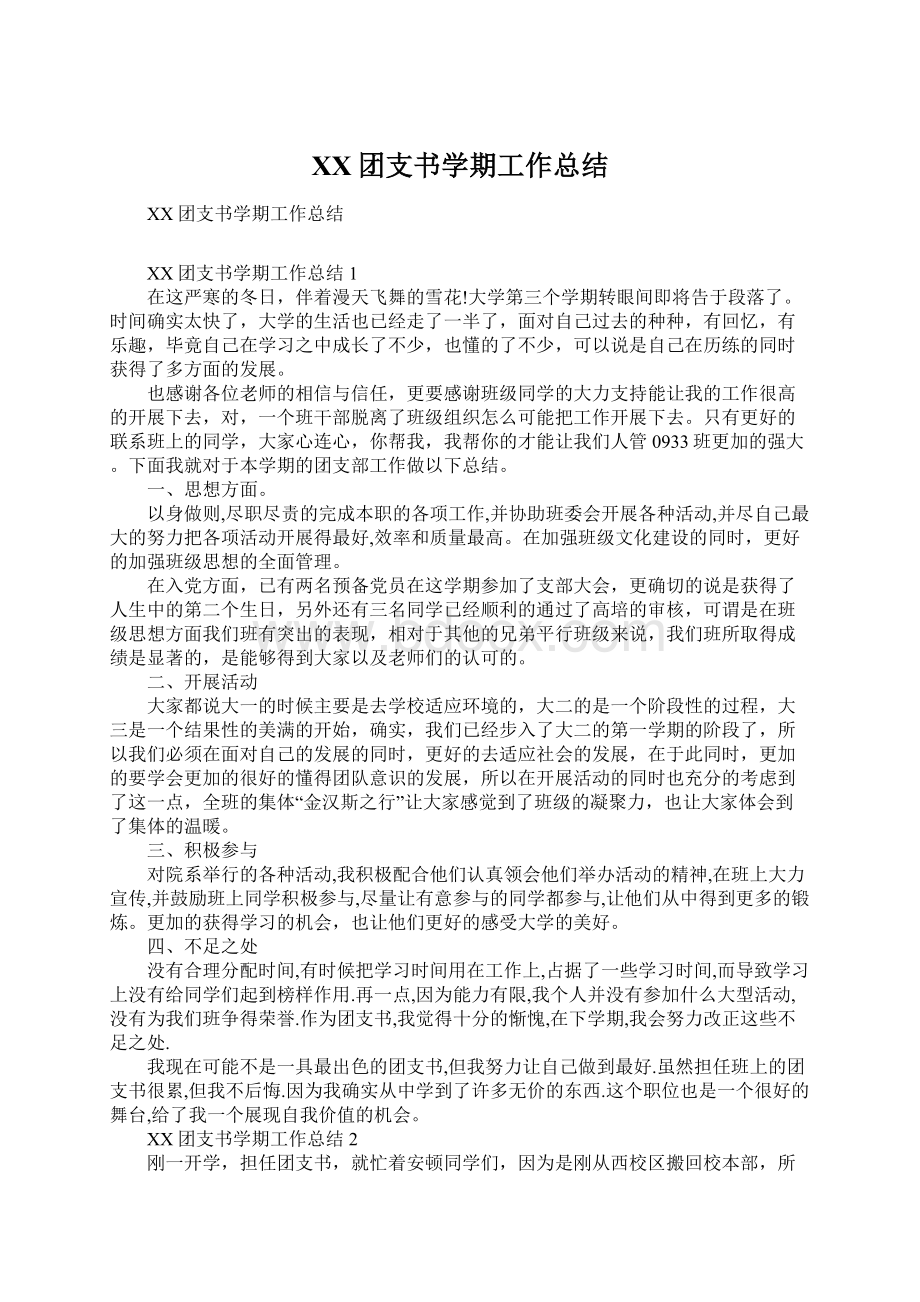 XX团支书学期工作总结文档格式.docx