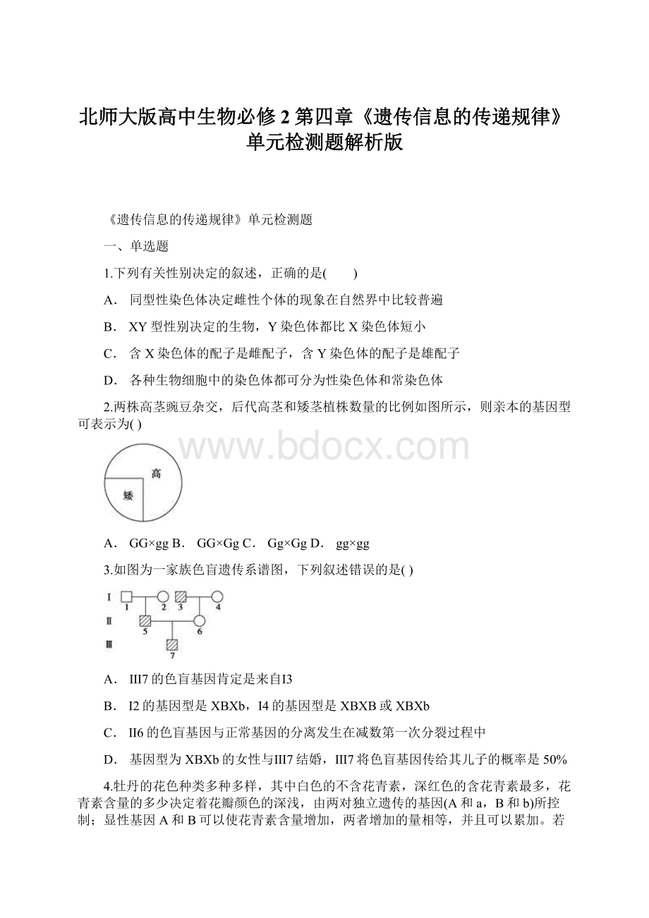 北师大版高中生物必修2第四章《遗传信息的传递规律》单元检测题解析版Word格式.docx_第1页