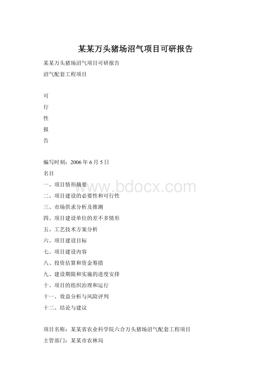 某某万头猪场沼气项目可研报告.docx_第1页